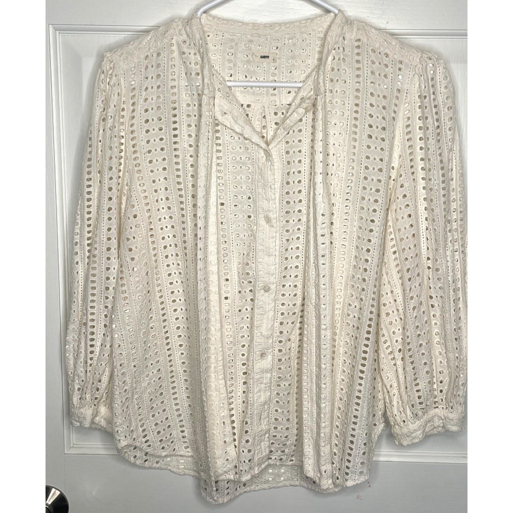 WARM Women's Eyelet Embroidered Long Sleeve Cotton Blouse Sz 3/L Peasant Boho